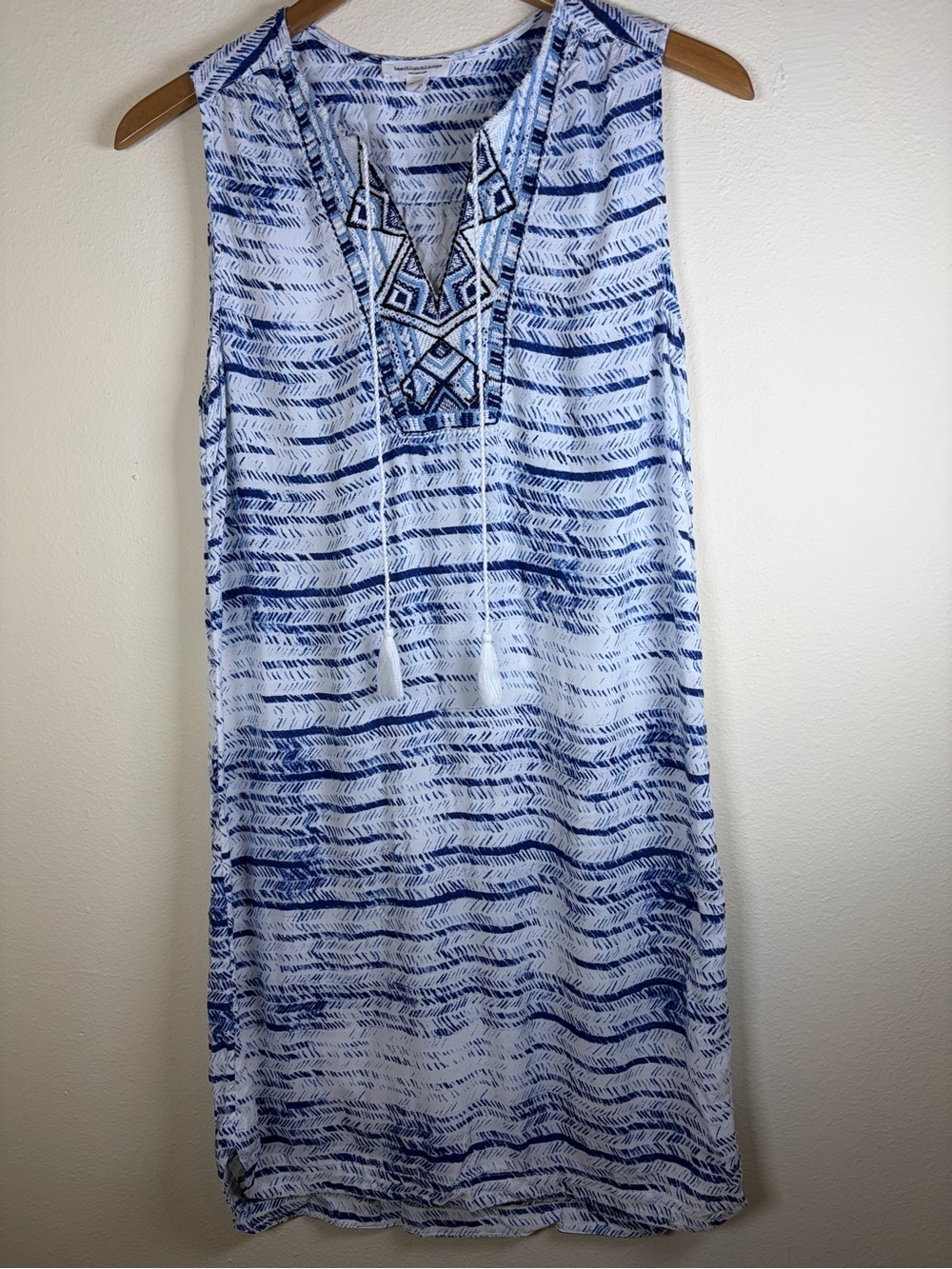 BeachLunchLounge Blue White Embroidered Tassel Shift Dress Medium Coastal Boho
